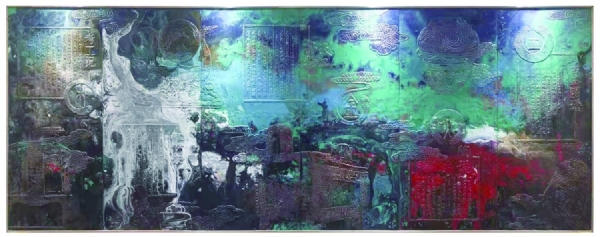 《中國(guó)工藝美術(shù)協(xié)會(huì)前廳壁畫(huà)》作者： 伊峻慷、吳守峰   材質(zhì)：青銅  藝術(shù)著色  尺寸：3.7x1.42m  安放：北京 